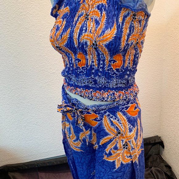 Cute shirred rayon top and groovy wrap pants set blue orange white one size - Picture 10 of 10